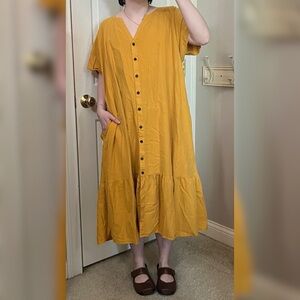 Terra & Sky Mustard Buttoned V-Neck Women's Dress
